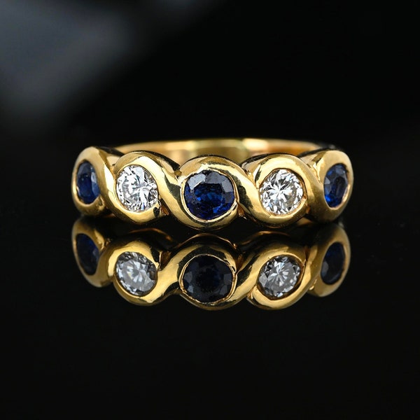 Diamond & Sapphire Ring Band, 14K Gold Five Stone Wedding Band Ring, Art Deco Style Diamond Ring, Anniversary Ring, Vintage Jewelry