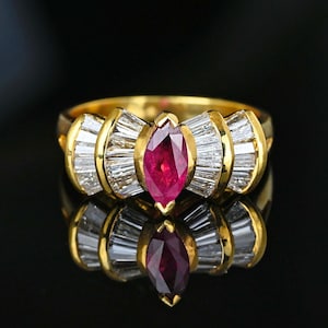 Vintage 14K Gold Ruby Diamond Ring: Baguette Cocktail Jewelry