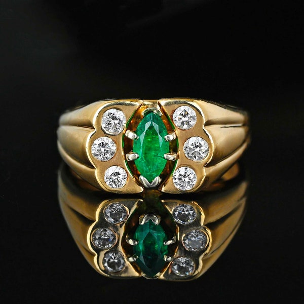 Diamond Emerald Ring, 14K Gold Marquise Emerald Diamond Ring, Heavy Fine Art Deco Style Statement Ring, Cocktail Ring, Vintage Jewelry