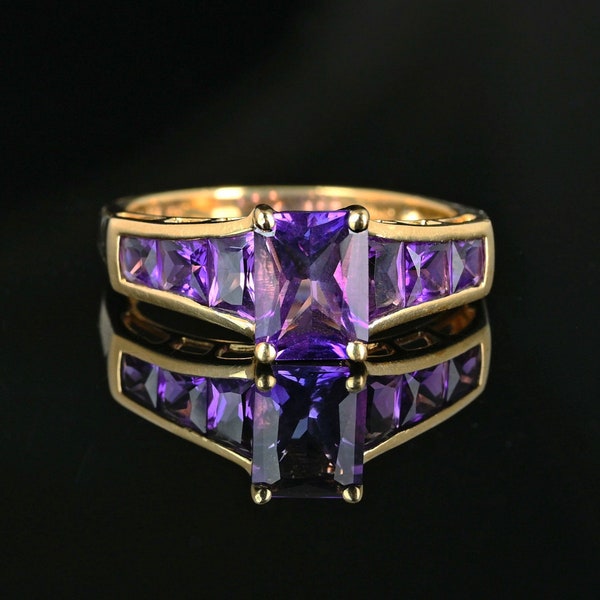 Vintage Amethyst Ring, 14K Gold Channel set Amethyst Wide Band Ring, Purple Amethyst Cocktail Ring, Statement Ring, Vintage Jewelry