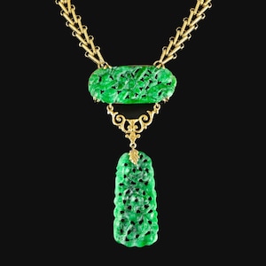 Walter Lampl Art Deco Jade Necklace, 14K Gold Floral Caved Pierced Jade Pendant, Green Natural Jade Pendant, Ornate Chain, Vintage Jewelry