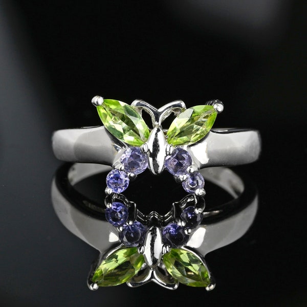 Vintage Gemstone Butterfly Ring, 10K White Gold Marquise Green Peridot Amethyst Ring, Insect Bug Jewelry, Gardener Gift Vintage Jewelry