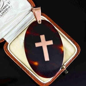 Victorian 9K Gold Pique Cross Pendant, Antique Rose Gold Pique Pendant, Inlay Gold Shell Pendant, Large Gold Cross Pendant, Antique Jewelry