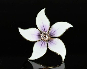 Diamond Enamel Violet Brooch Pendant, 14K Gold Violet Flower .25 CWT Diamond Art Nouveau Necklace, Vintage Jewelry