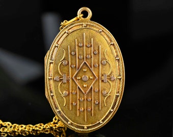 Antique Victorian 14K Gold Locket, Etruscan Ornate Raised Design, Oval Locket Pendant Picture Keepsake, Solid Gold 1800s Vintage Jewelry