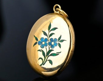 Antique Enamel Flower Victorian Locket , 14K Gold Forget me Not Flower Blue Enamel Locket, Engraved Gold Locket, Victorian Vintage Jewelry