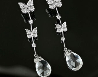 Rock Crystal Butterfly Diamond Earrings, 18K White Gold Dangle Butterfly Earrings, Chandelier Bridal Jewelry, Vintage Jewelry