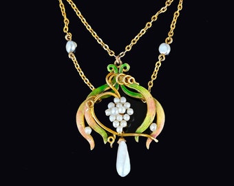 Enamel & Pearl Art Nouveau Necklace, 10K Gold Pearl Cluster Enamel Pendant Necklace, Authentic 1900s Vintage Jewelry