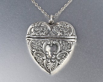 Art Nouveau Silver Heart Locket Necklace, Repousse Sweetheart Xtra Large Keepsake, Monogram Personalized Romantic Gift, Vintage Jewelry