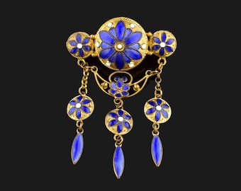 Art Nouveau Enamel Floral Brooch, Blue Enamel FLoral Dangle Brooch Pin, Vintage Jewelry