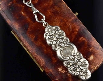 Antique Silver Flower Pendant Necklace, Floral Repousse Sweetheart Fob Muff Guard Victorian Necklace, Swivel Dog Clip Chain, Vintage Jewelry