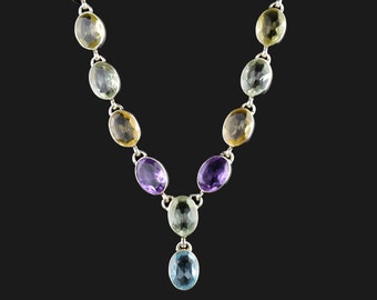 Vintage Multi Gemstone Necklace, Silver Purple Green Amethyst Topaz Citrine Necklace, Vintage Jewelry