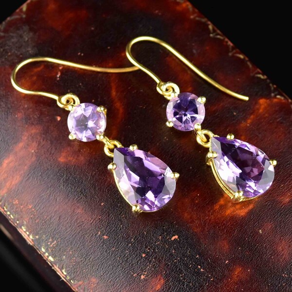 Vintag Gold Amethyst Earrings, Rose de France Amethyst Teardrop Earrings, Large Amethyst Earrings, Vintage Jewelry