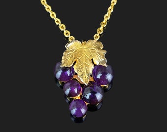 Vintage Grape Cluster Amethyst Necklace, 14K Gold Purple Gemstone Cluster Gold Leaf Pendant Necklace, Wine Lover Gift Vintage Jewelry