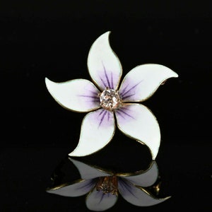 14K Gold Enamel Violet Brooch Pendant: Art Nouveau Diamond Flower