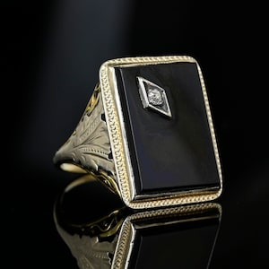 Vintage 14K Gold Diamond Onyx Ring, Art Deco Ring, Yellow & White Gold Filigree, Rectangle Black Onyx Diamond Statement Ring Vintage Jewelry