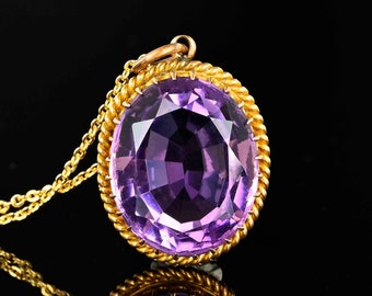 Antique Gold Amethyst Pendant, 20 CTW Purple Gemstone Lavaliere Necklace, Fine Vintage Jewelry