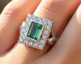 Vintage Colombiaanse smaragdring: diamanten halo, 14 kt witgouden art-decococktailring