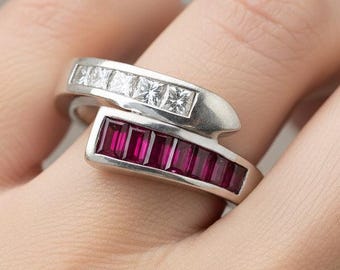 Ring 18 kt witgouden diamant en robijnrode slang - vintage slangensieraden
