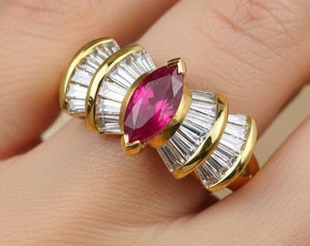 Vintage 14-karaats gouden ring met robijn en diamant: 1 1/2 karaat baguette cocktailring