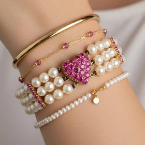 Vintage 14K Gold Ruby Pearl Bracelet, Heart Clasp Bridal Jewelry