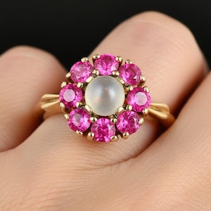 Vintage Ruby Halo Moonstone Ring, 10K Gold Cabochon Solitaire
