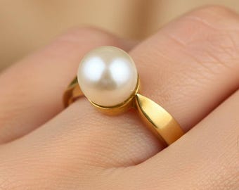 アンティーク 14K ゴールド パール リング、ソリティア リング