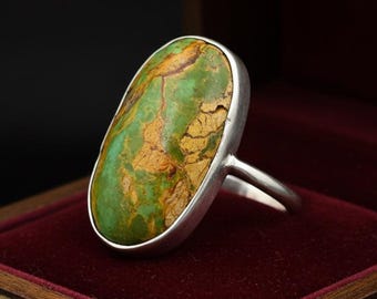 Vintage sterling zilveren ring met turkooizen steen, natuurlijke ovale cabochon groene steen