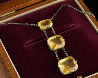 Antique Art Deco Sterling Silver Citrine Necklace, Dangle Pendant