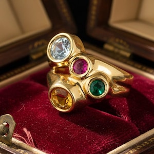 Vintage Harlequin Multi Gemstone Ring, 14K Gold Citrine Topaz Ruby Emerald Italian Jewelry