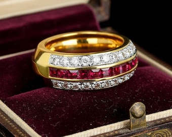Vintage 18 kt gouden diamanten robijnrode ring, brede trouwring