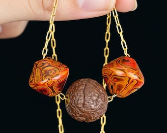 Antieke Ojime kralenketting met hanger, handgesneden Japanse kralen