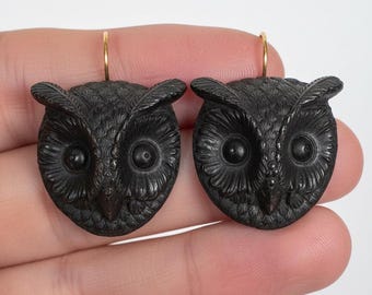 Antieke moeraseik uiloorbellen, 9 kt gouden victoriaanse dierensieraden