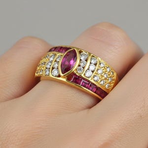 Vintage 18K Gold Ruby Diamond Ring: Wide Band Statement Jewelry