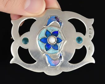 Vintage Arts & Crafts Sterling Silver Enamel Flower Brooch