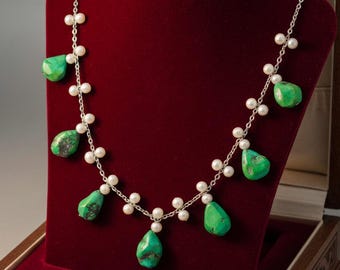 Art Deco ketting met turkooizen parels, ketting met franjes van sterling zilver