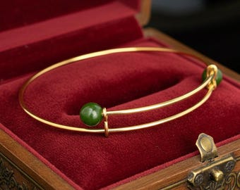 Vintage 14-karaats gouden jade armband, verstelbare jade manchet