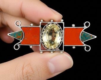 Antieke Schotse agaatbroche: sterlingzilveren citrien bloedsteen jaspis, Victoriaanse sieraden jaren 1890