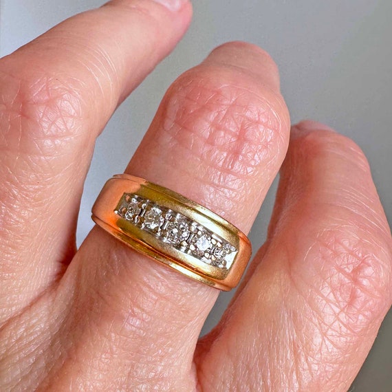 Heavy 14K Gold Diamond Ring Band, Five Stone Diam… - image 3