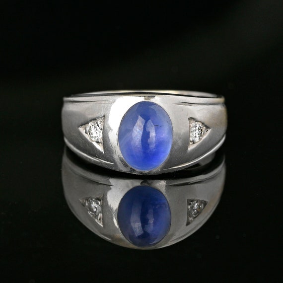 Art Deco Diamond Star Sapphire Ring, 14K White Go… - image 1