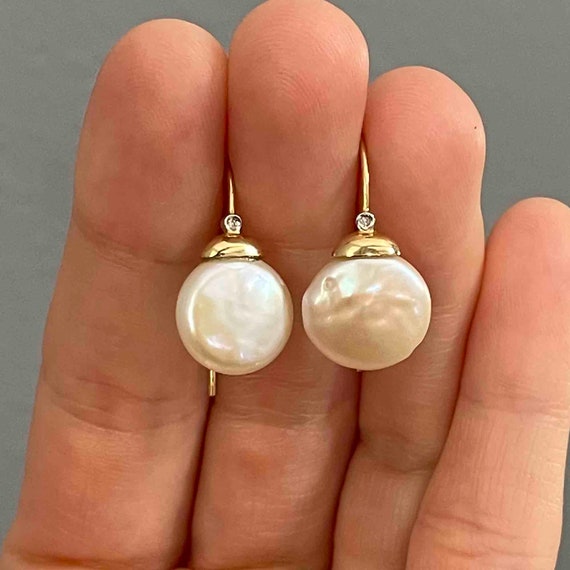 Vintage Diamond Pearl Earrings, 14K Gold Diamond … - image 3