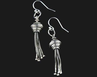 Antique Long Silver Tassel Earrings, Silver Fob Earrings, Albertina Watch Chain Tassel Fob Earrings, Dangle Earrings, Vintage Jewelry