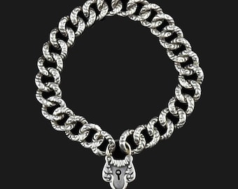 Vintage Silver Curb Link Bracelet, Silver Victorian Padlock Charm Curb Fancy Link Chain Bracelet, Vintage Jewelry