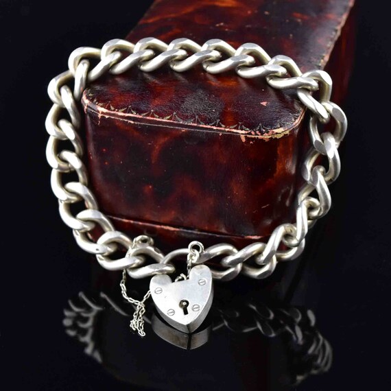 Curb Chain Heart Padlock Bracelet, Silver English… - image 4