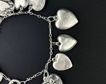 Art Deco Silver Puffy Heart Charm Bracelet, Antique Heart Art Deco Silver Puffy Heart Charm Bracelet, Antique Heart