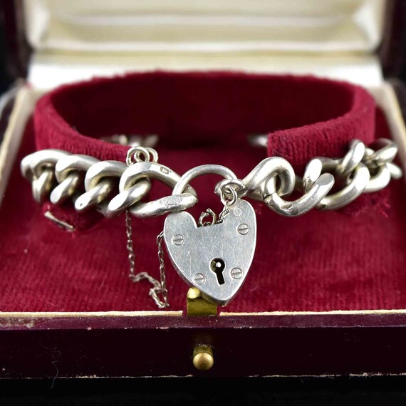 Curb Chain Heart Padlock Bracelet, Silver English… - image 2