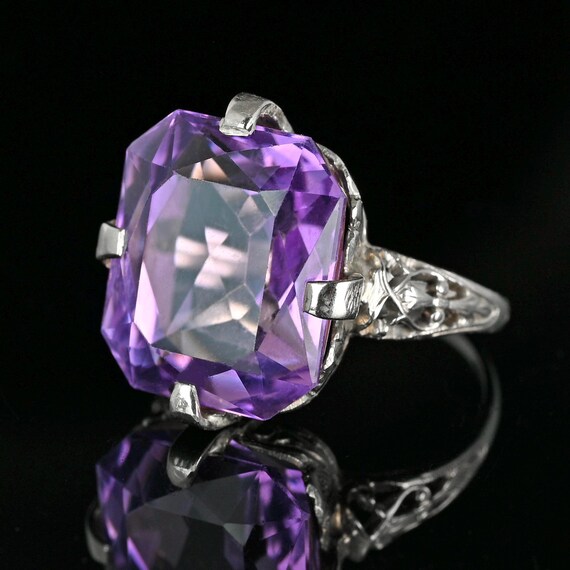 Art Deco Amethyst Ring: 18K White Gold Filigree, … - image 5