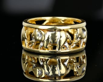 Vintage 14K Gold Elephant Ring Band, Wide Gold Full Eternity Band, Cutout Elephant Good Luck Charm Ring, Statement Animal Vintage Jewelry