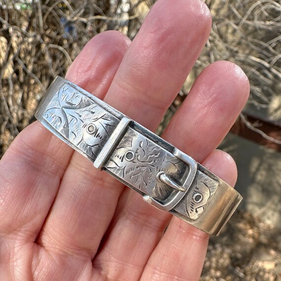 Antique Sterling Silver Buckle Bracelet, Engraved… - image 2