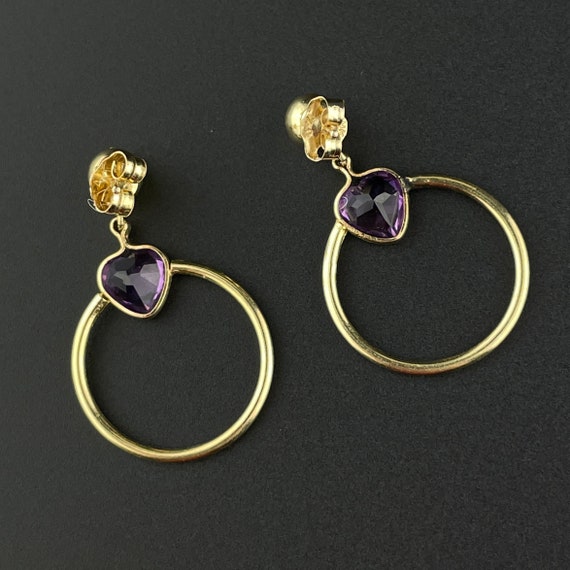 14K Gold Amethyst Hoop Earrings, Vintage Amethyst… - image 4